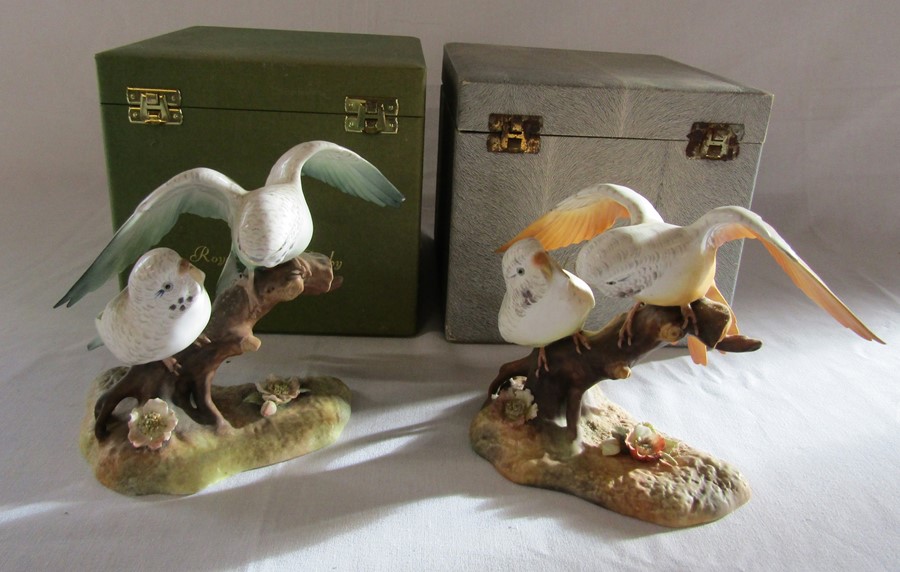 2 boxed Royal Crown Derby birds - yellow budgerigar group signed K Wood and green budgerigar group