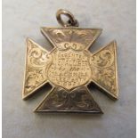 9ct gold medallion 'Presented to J E Pallister by the Blackhill Clee Party 1897' weight 6.4 g (3