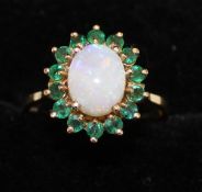 14k opal and emerald cluster ring, size V, approximately 5.3g