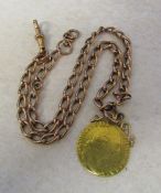 9ct gold watch chain L 41 cm with George III guinea total weight 20.5 g (chain approximately 10.8