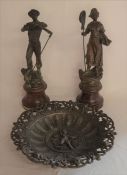 Pair spelter figures La Recolte & La Pecheuse Ht. 28cm & a spelter dish Dia. 26cm