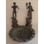 Pair spelter figures La Recolte & La Pecheuse Ht. 28cm & a spelter dish Dia. 26cm