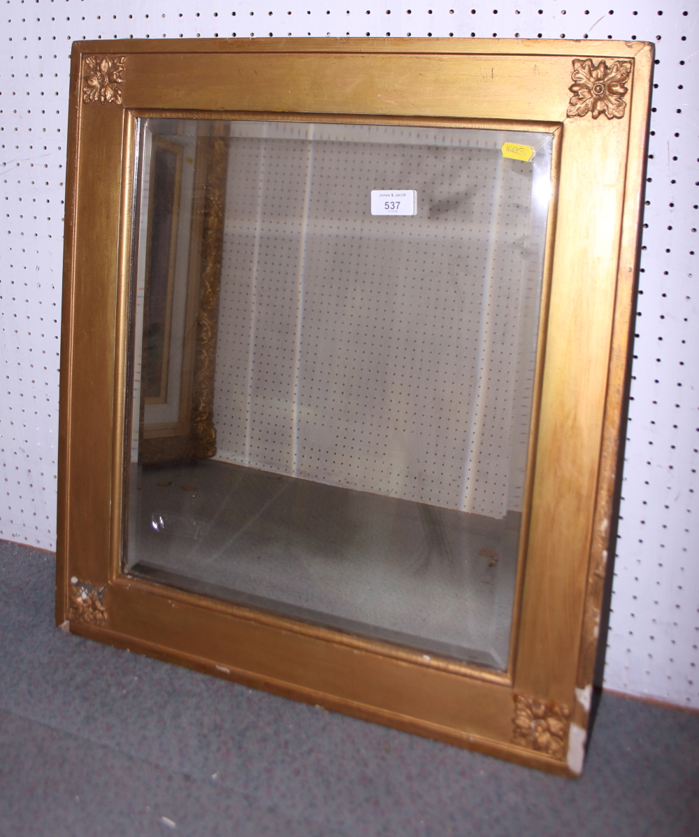 A rectangular gilt framed wall mirror, plate 18" x 15 1/2", a bevelled wall mirror in moulded walnut