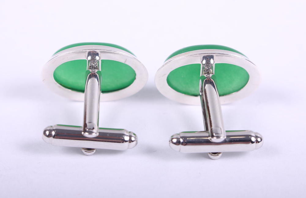 A pair of white metal cufflinks set jadeite cabochons, stamped 925 - Image 2 of 2