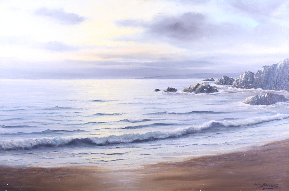 H L Braunston: oil on canvas, moonlit coastal scene, 19" x 29", in gilt strip frame, and a