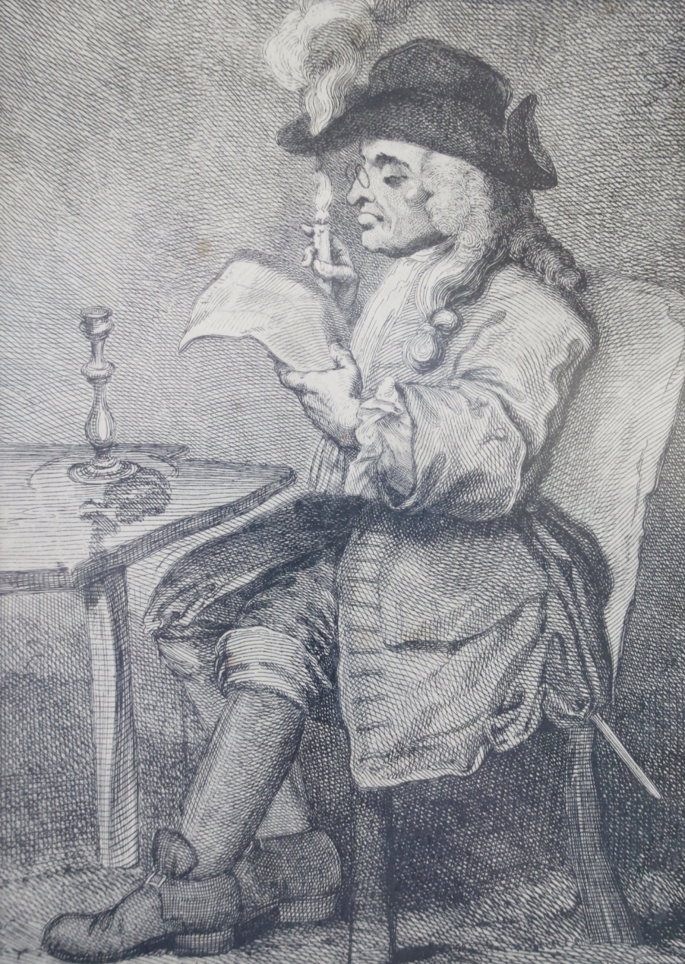William Hogarth: 18th century engraving, "The Politician", man reading by candlelight, 5 1/4" x 3