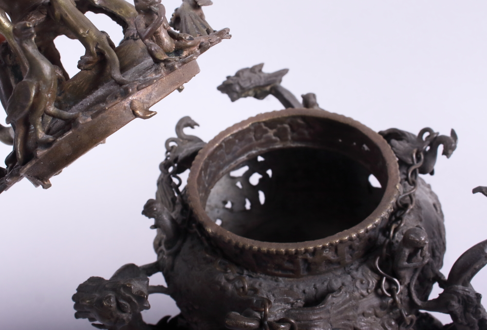 An 18th century style Chinese bronze censer, decorated dragons, monkeys, birds and lizards - Image 3 of 4