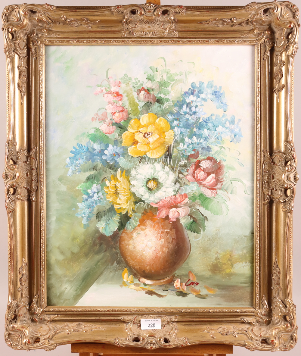 E Vanderman: oil on board, still life of flowers in a bowl, 29 1/2" x 24", in gilt frame, and two - Image 4 of 6