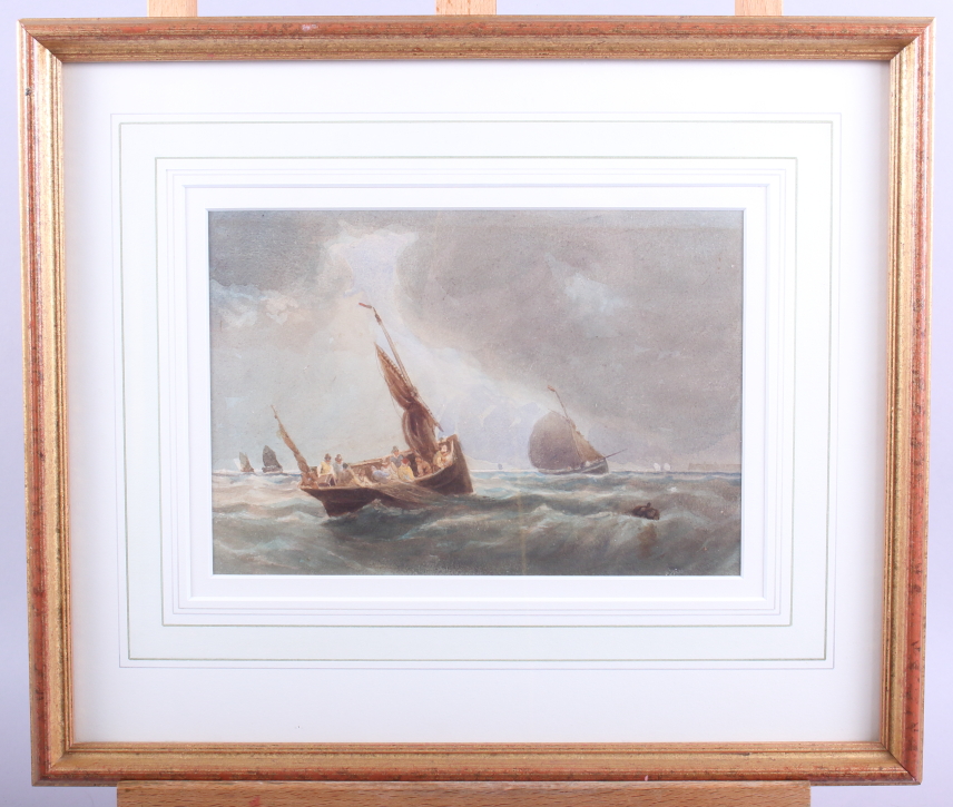 A mid 19th century watercolour, fishing boats at sea, 9 1/2" x 6 1/2", in gilt frame - Image 2 of 2