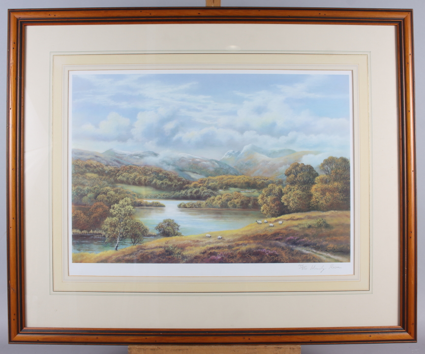 Wendy Reeves: a limited edition print, hillside landscape with river and sheep, 106/850, in strip - Image 5 of 11