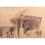 Clarkson Stansfield: watercolours, figures by a barn, 9 1/2" x 13 3/4", in wash line mount and