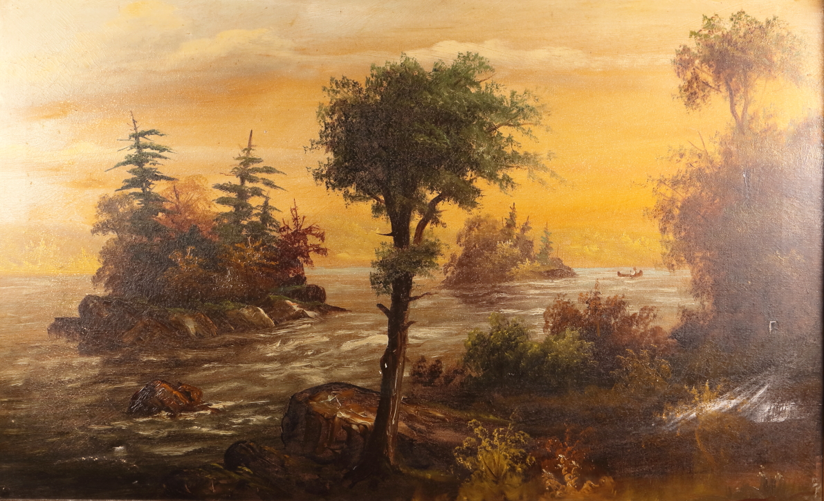 A pair of late 19th century oils on canvas, mountainous landscape with lake and river, 21" x 29", in - Image 2 of 15