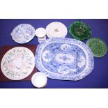 A blue and white meat dish, a Copeland pedestal tureen, various other blue and white china, three