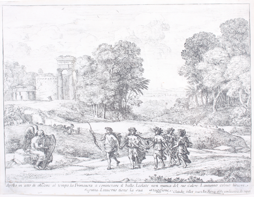 Claudio Gillee, 1662: an engraving, classical figures in a landscape, 7 3/4" x 10 1/4", in gilt