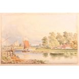 19th century Norfolk School: watercolours, sailing barge with distant church, 7 3/4" x 12", in