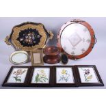 A gilt metal oval miniature frame, another similar, a papier-mache tray, four Spode porcelain tiles,