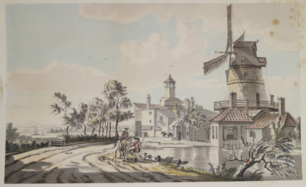 Sam Howitt: watercolours, study of windmill with figures and horse in foreground, 8 1/2" x 14",