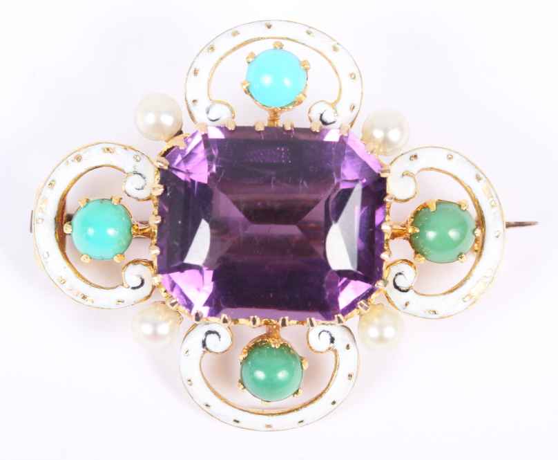 A Renaissance revival enamel brooch set central amethyst, seed pearls and turquoise cabochon, in