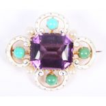 A Renaissance revival enamel brooch set central amethyst, seed pearls and turquoise cabochon, in
