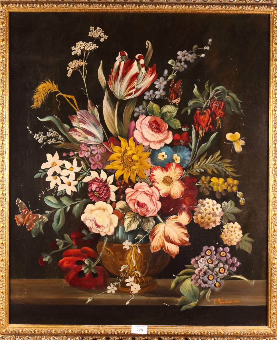 E Vanderman: oil on board, still life of flowers in a bowl, 29 1/2" x 24", in gilt frame, and two
