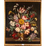 E Vanderman: oil on board, still life of flowers in a bowl, 29 1/2" x 24", in gilt frame, and two