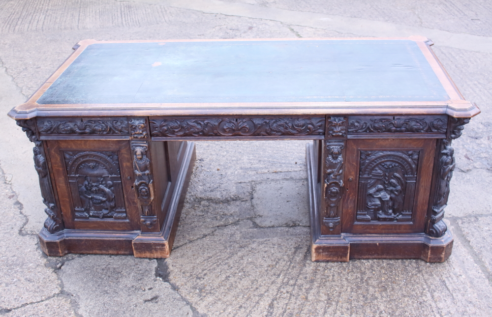 *A partners Victorian oak double pedestal desk with green leather tooled lined top, the pedestals - Image 2 of 21