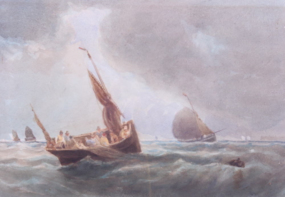 A mid 19th century watercolour, fishing boats at sea, 9 1/2" x 6 1/2", in gilt frame