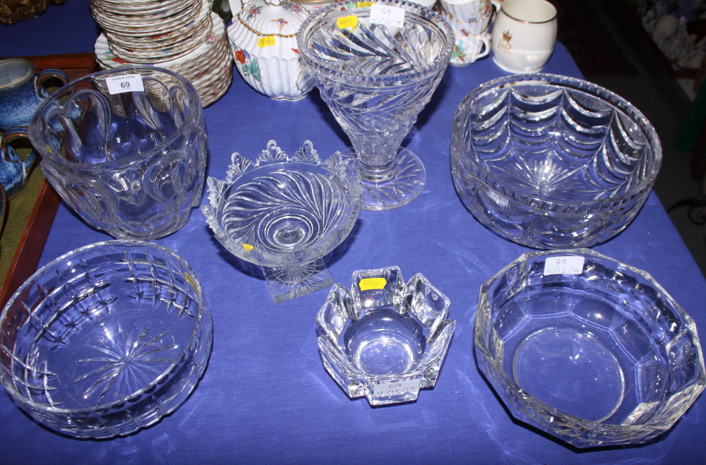 An Orrefors glass vase, 3" high, three cut glass bowls, two glass vases and a glass bonbon dish