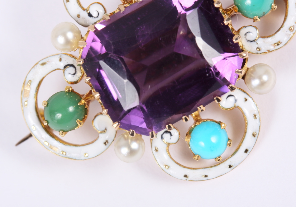 A Renaissance revival enamel brooch set central amethyst, seed pearls and turquoise cabochon, in - Image 5 of 5