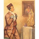 An early 20th century watercolour, a foppish gentleman admiring his reflection in a mirror, 12" x
