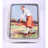 A white metal pill box, decorated with a golfer to the lid, stamped 925
