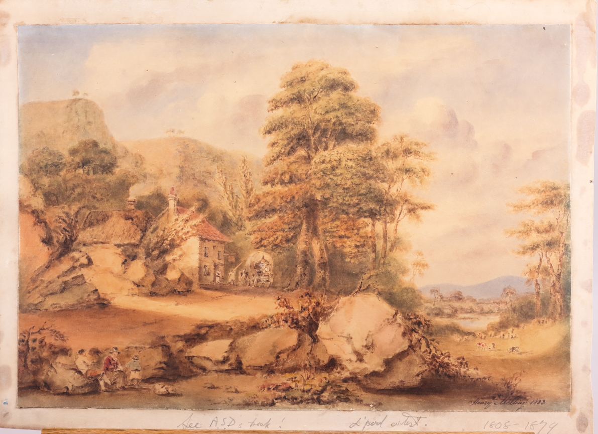 Henry Melling, 1833: watercolours, rural scene with wagon and distant cattle, 9 1/2" x 13 3/4",