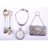 A lady's embossed silver evening purse, a silver cased open faced pocket watch with white enamel