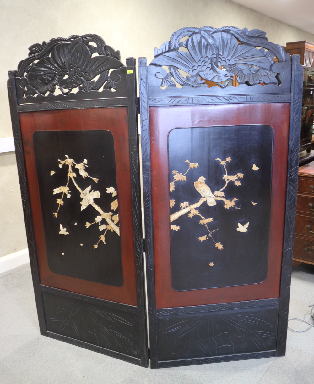 An early 20th century Japanese lacquered and inlaid two-fold screen with birds and flowers, 26" x