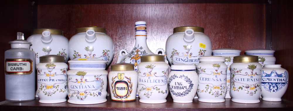 Three "Delft" wet drug jars and a quantity of apothecary’s drug jars