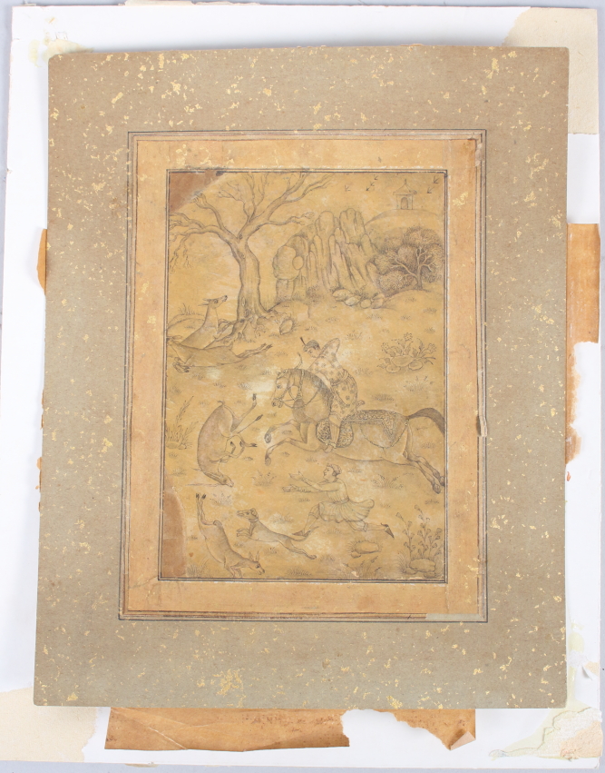 An 18th century Mughal / Persian / Indian miniature grisaille hunting scene, 7" x 5", in gold leaf - Image 2 of 5