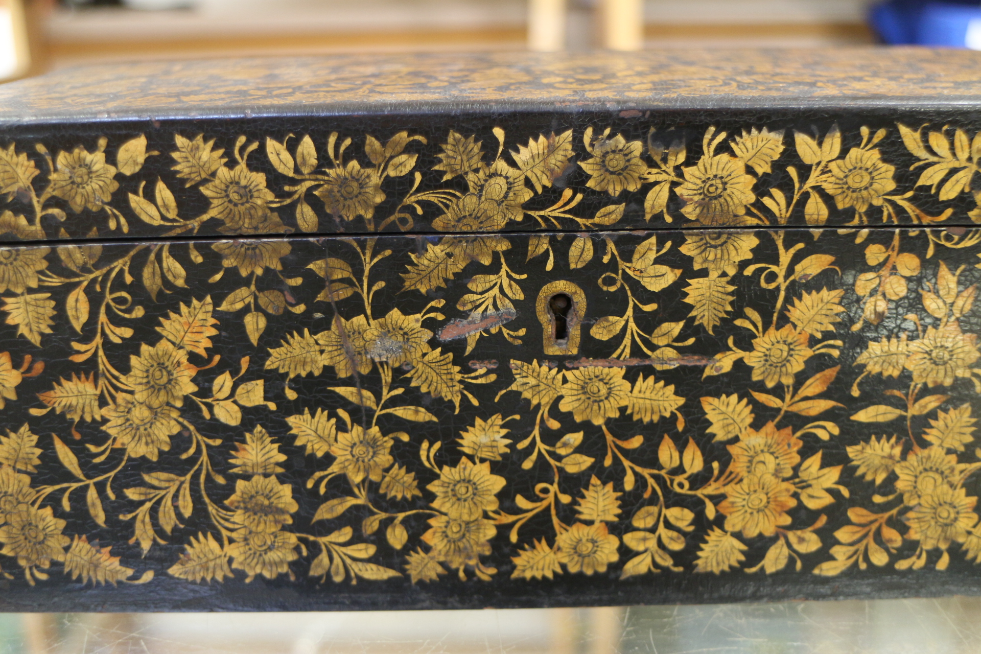 An early 19th century ebonised box decorated gilt flowers, 10 1/2" long - Image 4 of 4