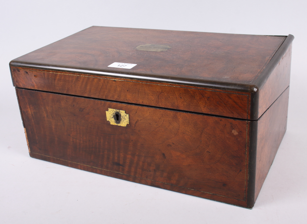 A walnut writing box with brass string inlay and fittings, 15 3/4" wide (damages) and an oak part