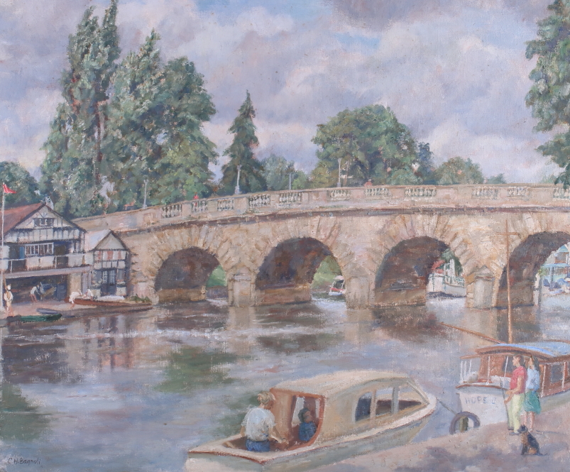 C H Bagnoli: oil on canvas, view of Henley Bridge, 19 1/2" x 23 1/2", in canvas lined strip frame, - Image 5 of 5