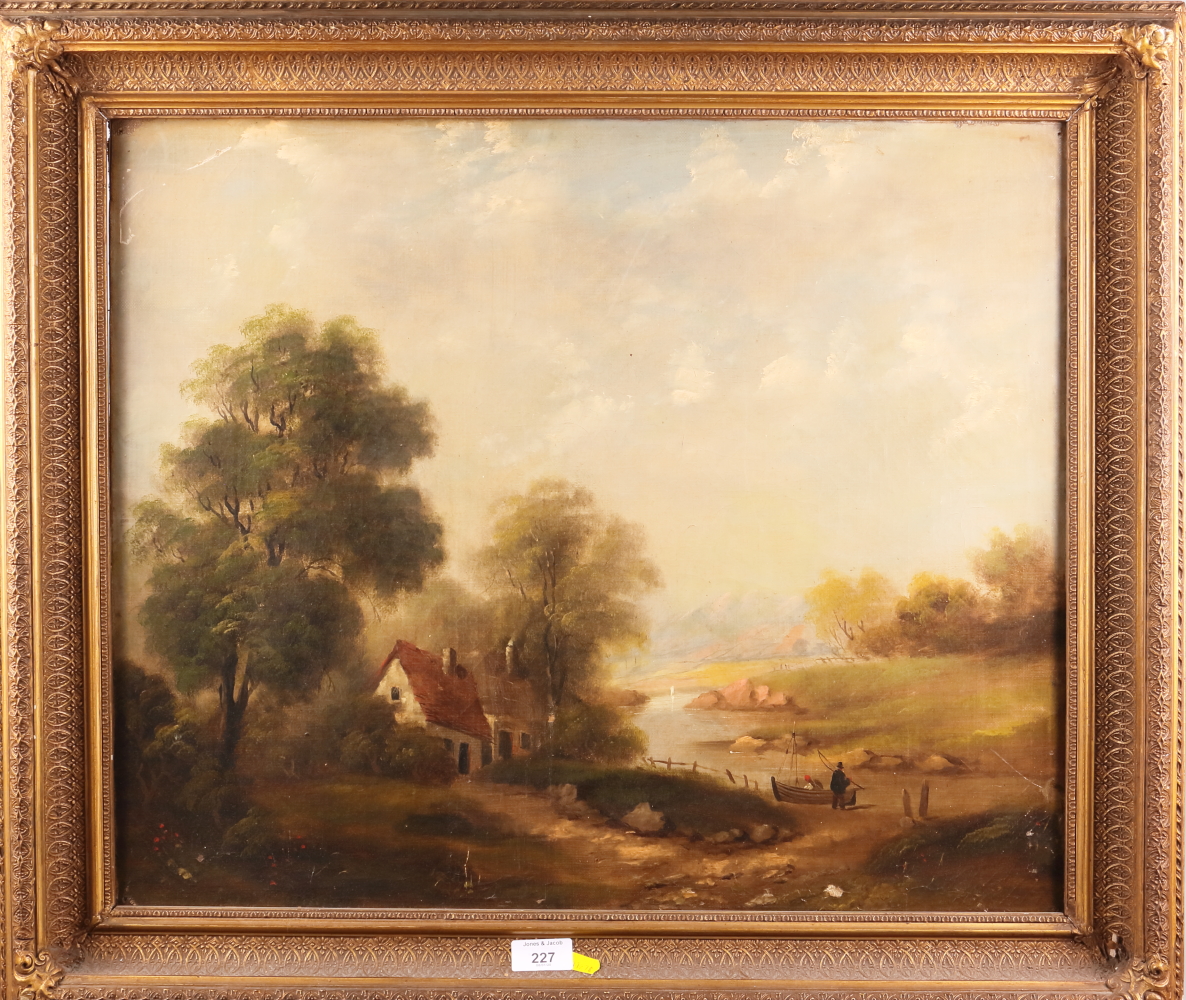 McSherry?: a 19th century oil painting, "View near Windermere", landscape with figures by a boat and