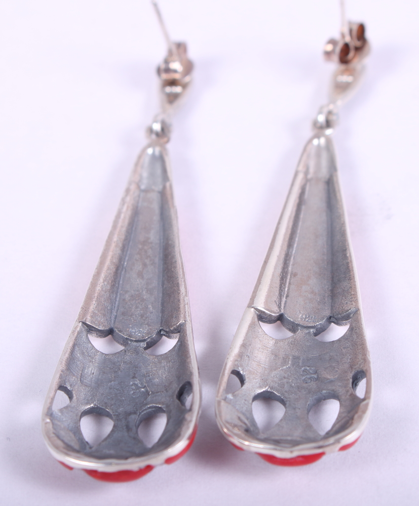 A pair of white metal drop earrings, decorated with red enamel and marcasite, stamped 925 - Image 3 of 3