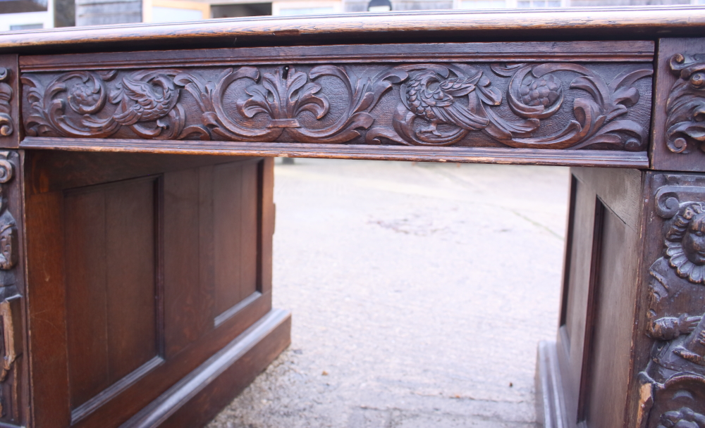 *A partners Victorian oak double pedestal desk with green leather tooled lined top, the pedestals - Image 5 of 21