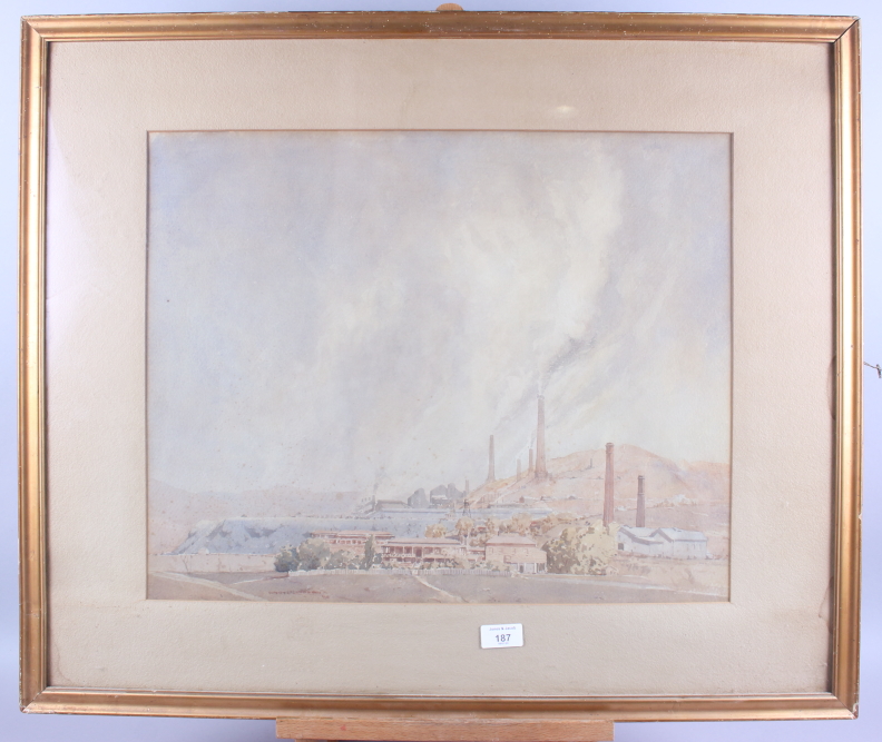 Daryl Lindsay: watercolours, landscape with industrial buildings, 17" x 21", in gilt strip frame, - Image 5 of 6