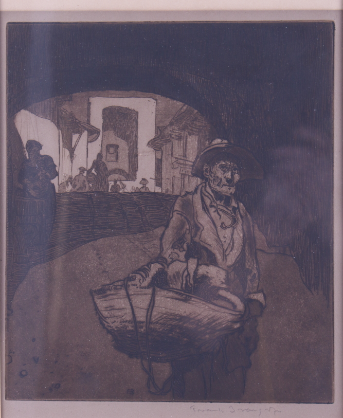 Sir Frank Brangwyn: an etching, old man carrying a basket, 11" x 9", in oak frame
