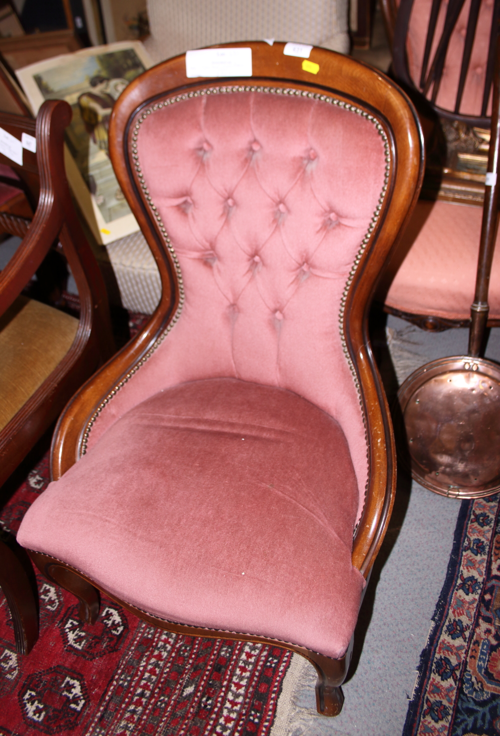 A pair of Maples carved walnut loop back side chairs with stuffed over seats, on cabriole - Image 4 of 4