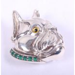 A white metal brooch, formed as the head of a French bulldog with gem set collar, stamped sterling