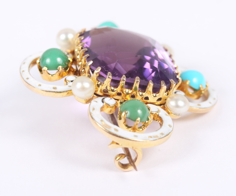 A Renaissance revival enamel brooch set central amethyst, seed pearls and turquoise cabochon, in - Image 2 of 5