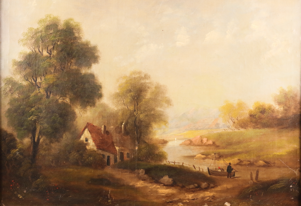McSherry?: a 19th century oil painting, "View near Windermere", landscape with figures by a boat and - Image 2 of 4