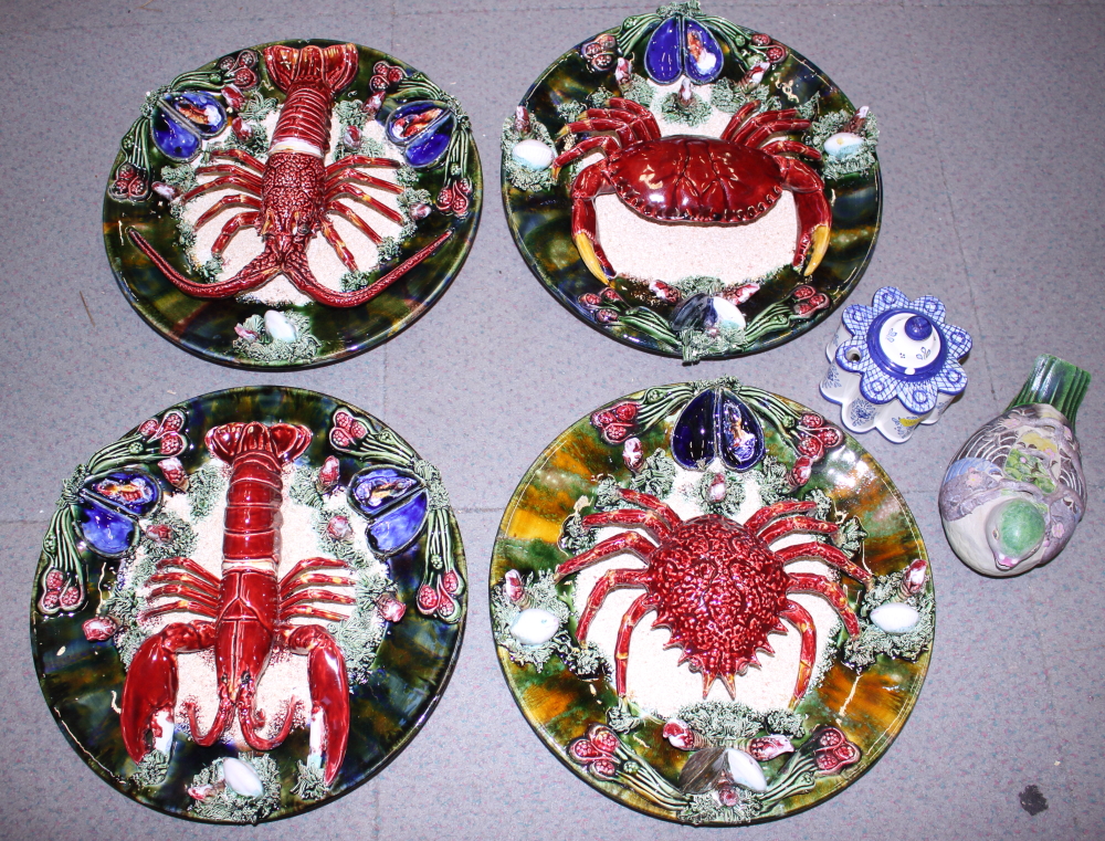 Four Palissy style pottery dishes, decorated crustaceans, a Delft charger, a similar inkwell, a - Image 2 of 2