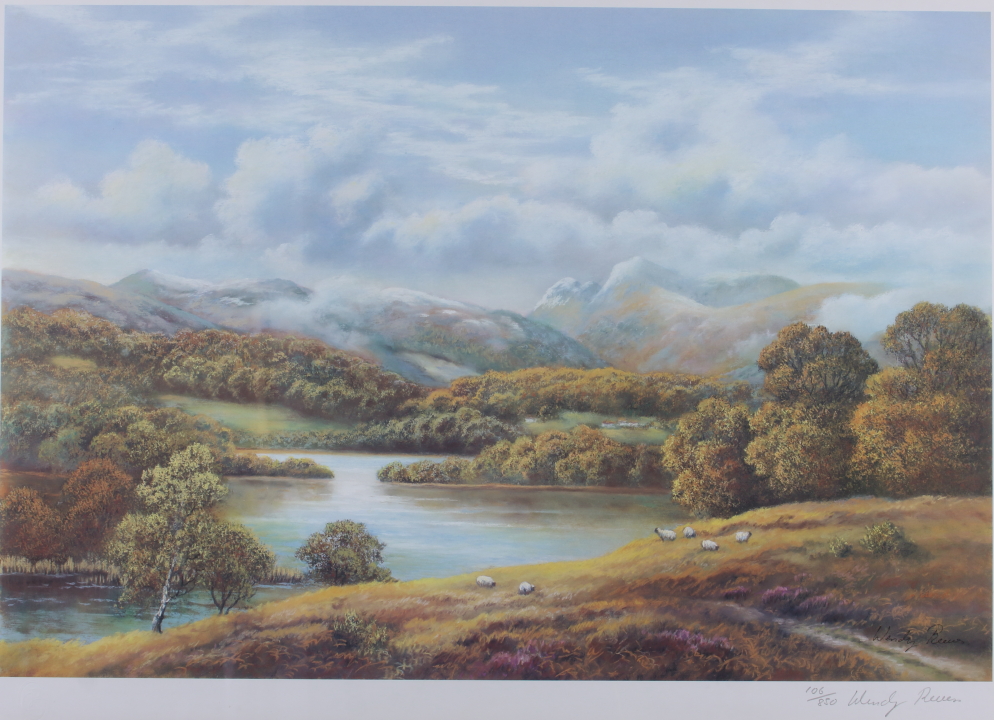 Wendy Reeves: a limited edition print, hillside landscape with river and sheep, 106/850, in strip